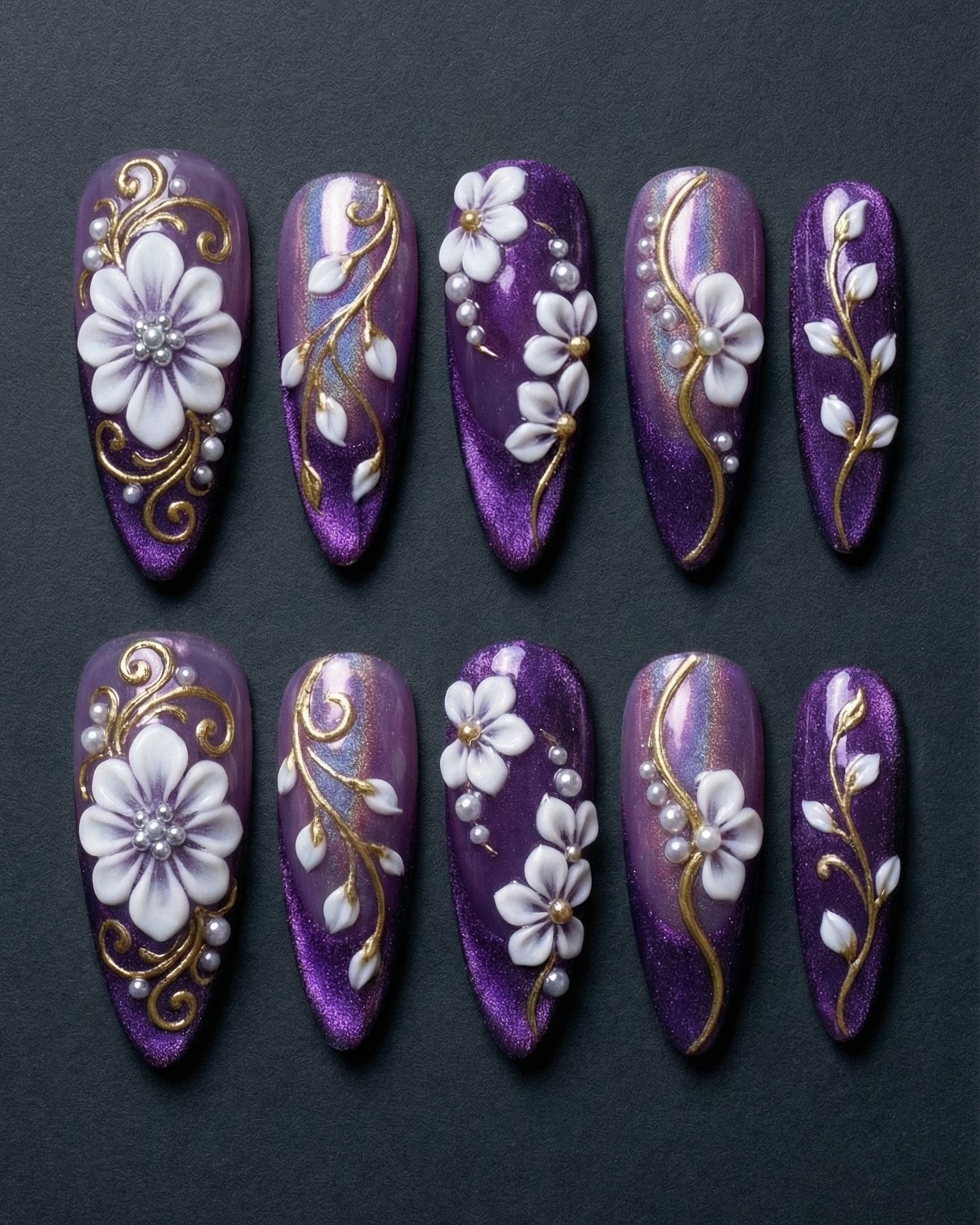 3D White Floral Press-On Nails Purple Chrome | Gold Vine Pearl Almond Nails | Custom Press-On Nails — LuxepressCo