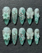 Mint Aurora 3D Flower Silver Butterfly Press-On Nails | Custom Press-On Nails | LuxepressCo