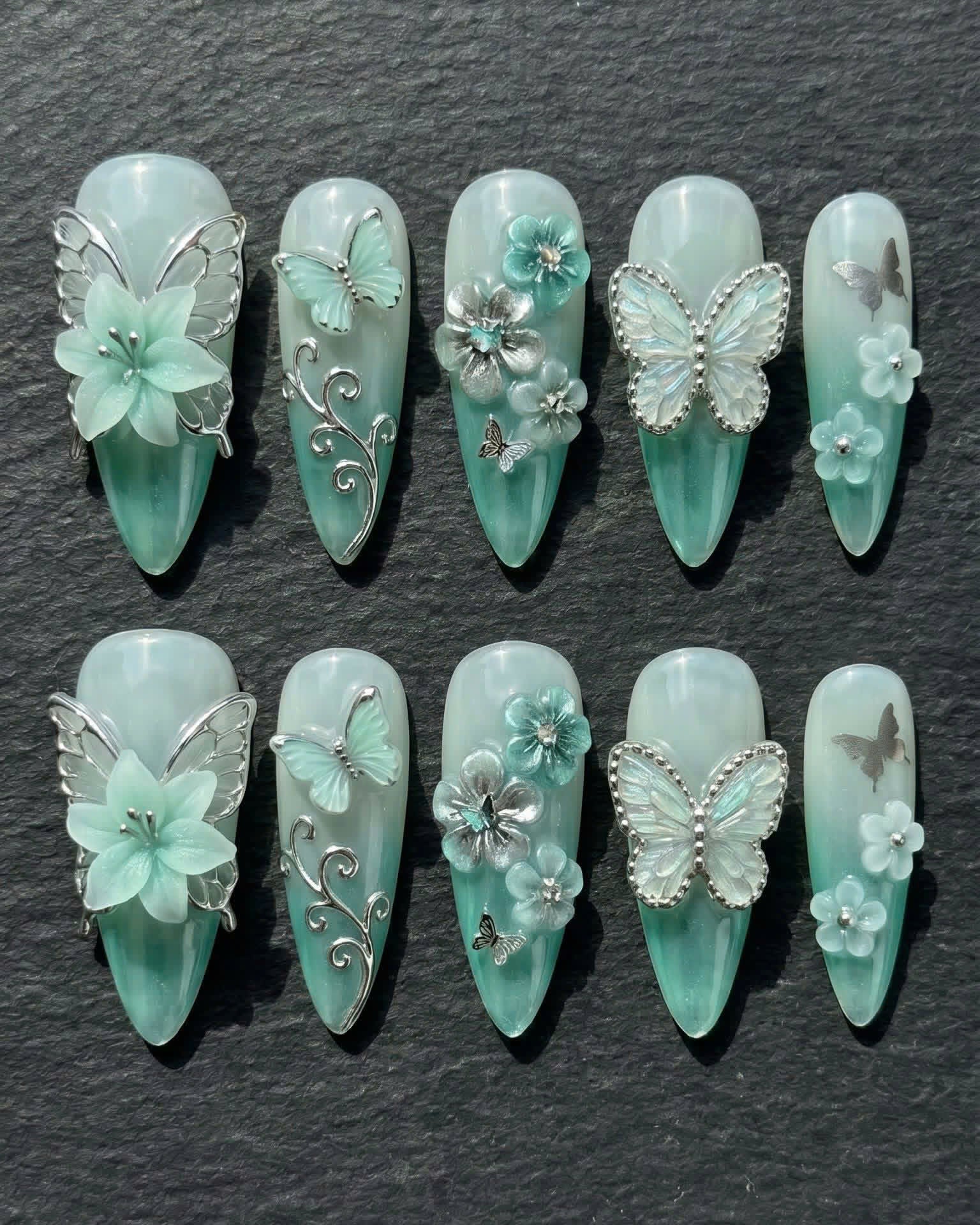 Mint Aurora 3D Flower Silver Butterfly Press-On Nails | Custom Press-On Nails | LuxepressCo