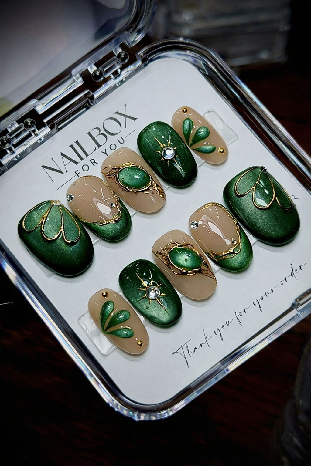 Emerald Green Scarab Gold Vine | Custom Press-On Nails