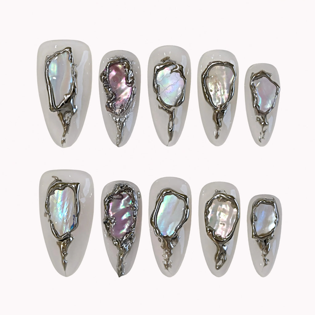 Molten Silver Abalone Press-On Nails | Almond Stiletto | Iridescent Shell 3D Frame | LuxepressCo