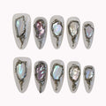 Molten Silver Abalone Press-On Nails | Almond Stiletto | Iridescent Shell 3D Frame | LuxepressCo