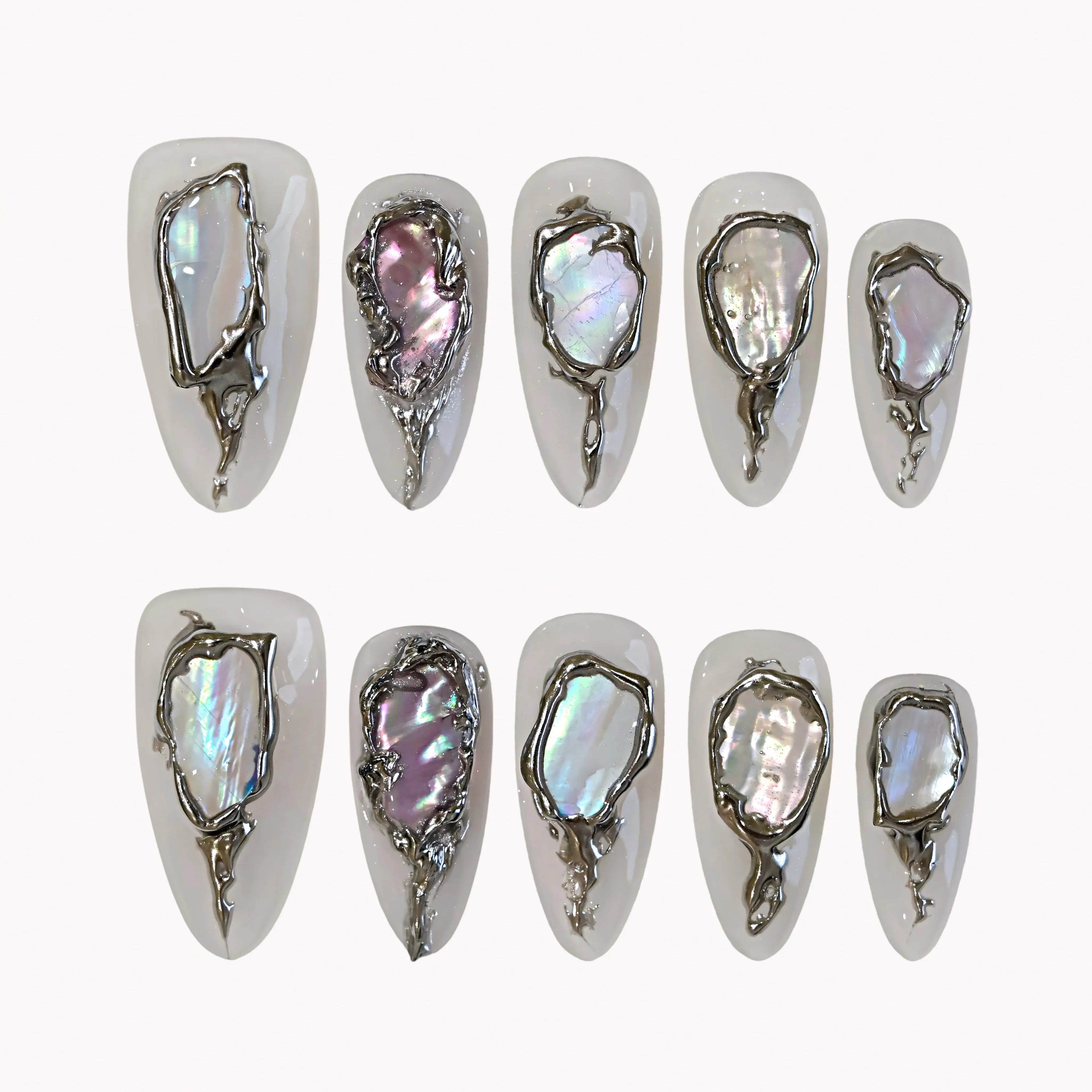 Molten Silver Abalone Press-On Nails | Almond Stiletto | Iridescent Shell 3D Frame | LuxepressCo