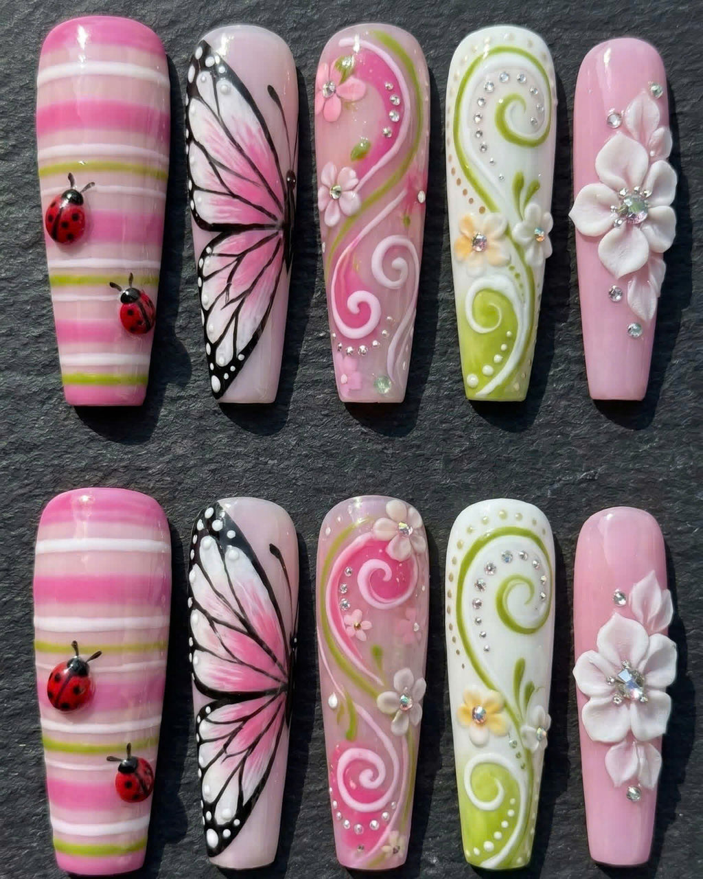 3D Ladybug Butterfly Wing Swirl Rhinestone Press-On Nails | Custom Press-On Nails | LuxepressCo