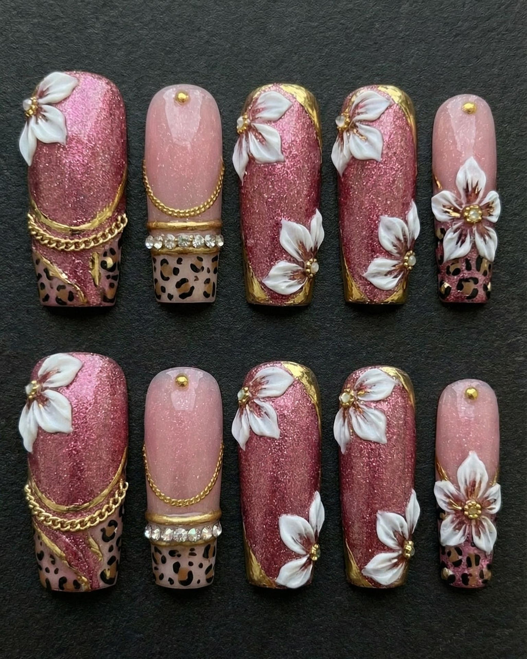 3D Floral Press-On Nails Pink Glitter Leopard | Gold Chain Rhinestone Square Nails | Custom Press-On Nails — LuxepressCo