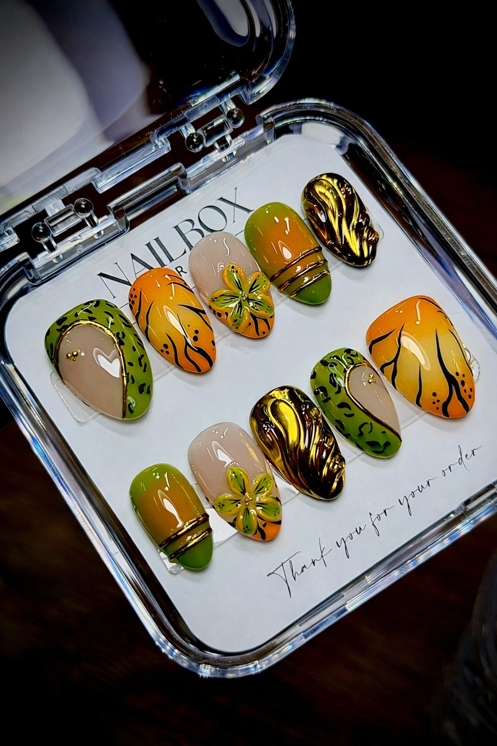 Orange Green Wild Chrome | Custom Press-On Nails