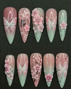 3D Cherry Blossom Butterfly Press-On Nails Pink Mint Ombre | Rhinestone Pearl Stiletto Nails | Custom Press-On Nails — LuxepressCo