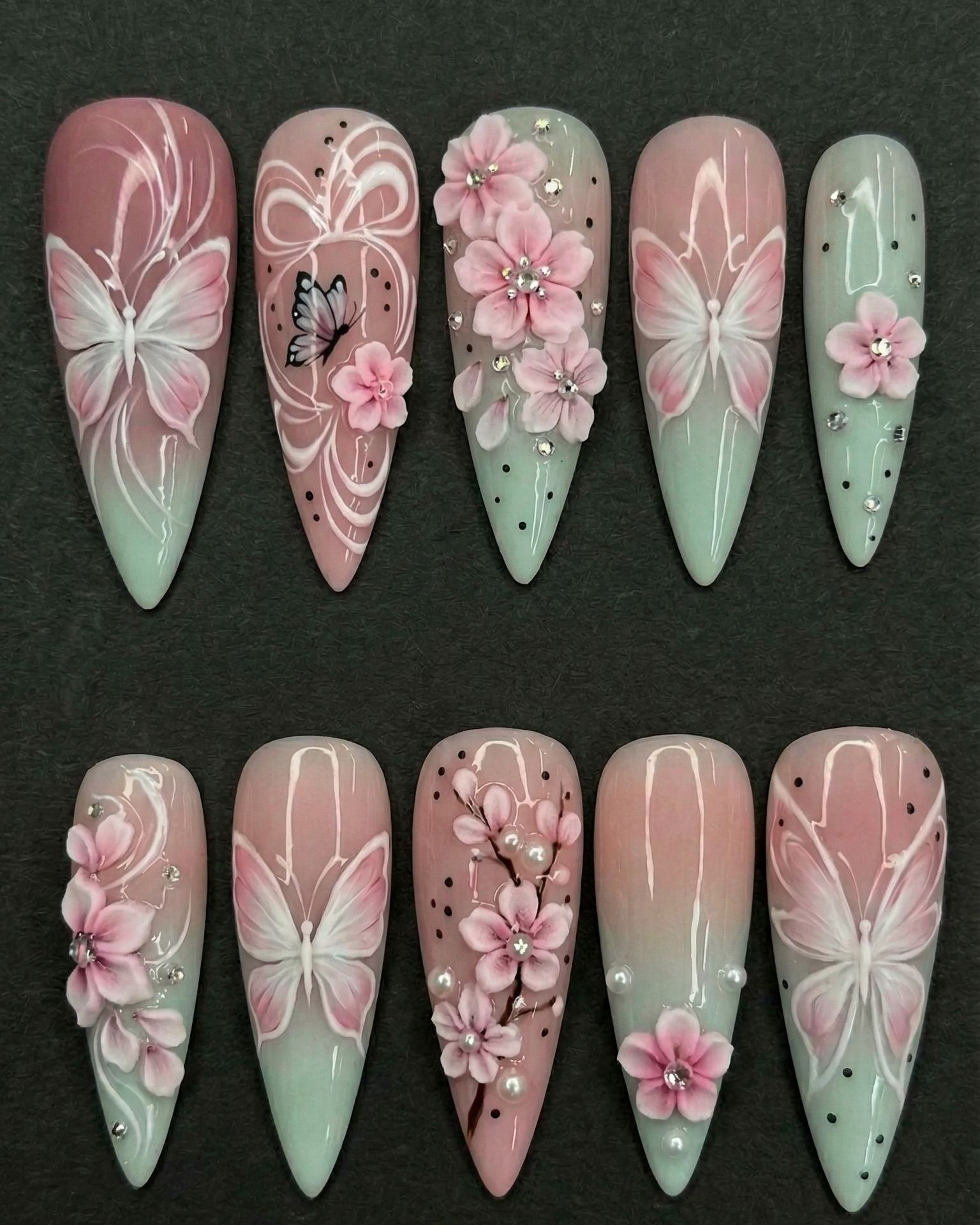 3D Cherry Blossom Butterfly Press-On Nails Pink Mint Ombre | Rhinestone Pearl Stiletto Nails | Custom Press-On Nails — LuxepressCo