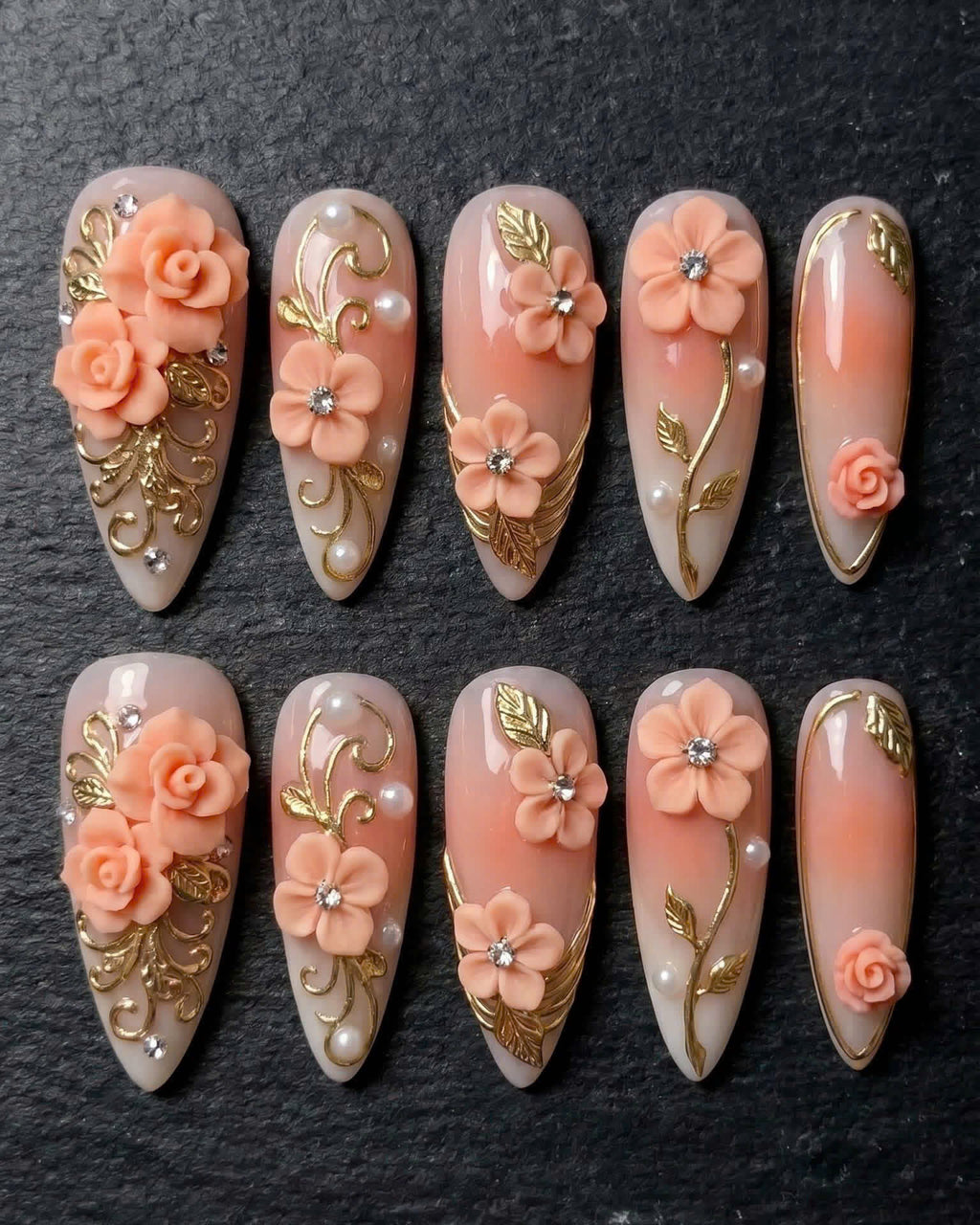 3D Peach Rose Gold Filigree Floral Rhinestone Press-On Nails | Custom Press-On Nails | LuxepressCo
