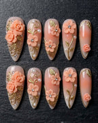 3D Peach Rose Gold Filigree Floral Rhinestone Press-On Nails | Custom Press-On Nails | LuxepressCo