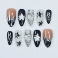 Black Star & Heart Chrome Press-On Nails | Almond 3D Silver Foil Nail Art | Custom Press-On Nails