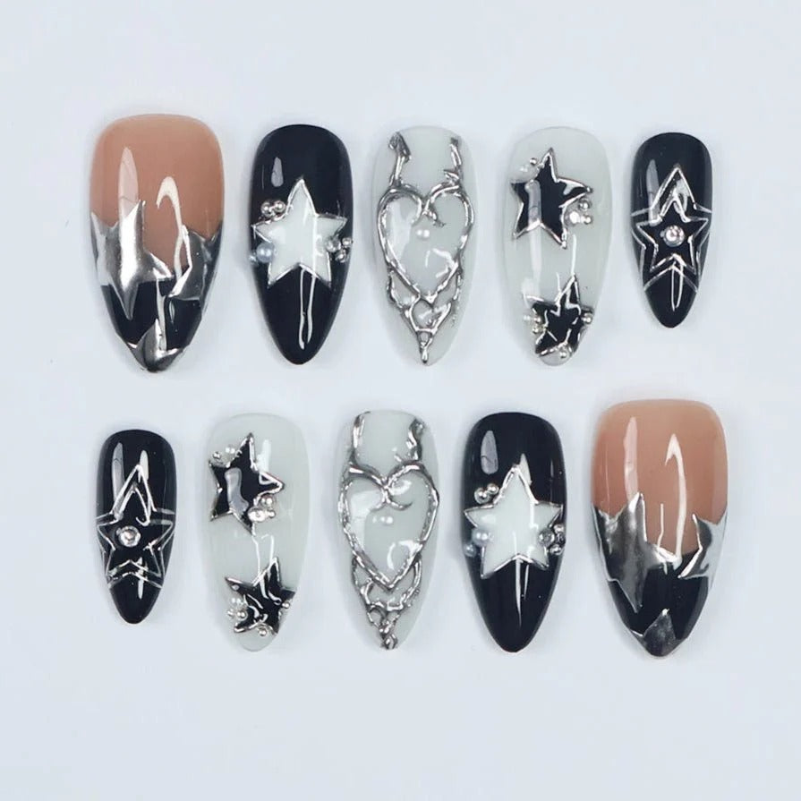 Black Star & Heart Chrome Press-On Nails | Almond 3D Silver Foil Nail Art | Custom Press-On Nails