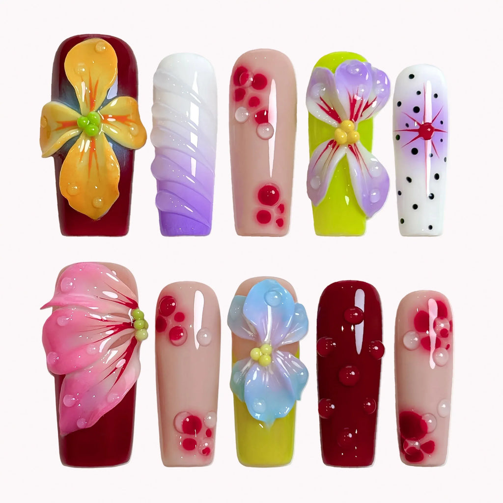 Tropical Hibiscus 3D Press-On Nails | Coffin Long | Maximalist Y2K Bold Summer | LuxepressCo