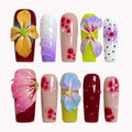 Tropical Hibiscus 3D Press-On Nails | Coffin Long | Maximalist Y2K Bold Summer | LuxepressCo