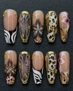 3D Gold Frame Animal Print Press-On Nails Nude Leopard Zebra Floral | Gold Bead Square Nails | Custom Press-On Nails — LuxepressCo