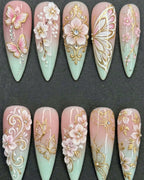 3D Pink Butterfly Gold Baroque Floral Pearl Press-On Nails | Custom Press-On Nails | LuxepressCo