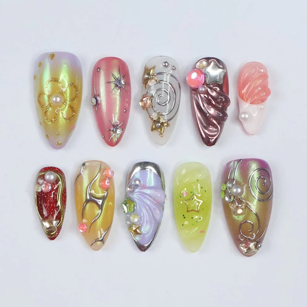 Aurora Holographic Fairy Press-On Nails | Almond 3D Gold Charm Star Pearl Nail Art | Custom Press-On Nails