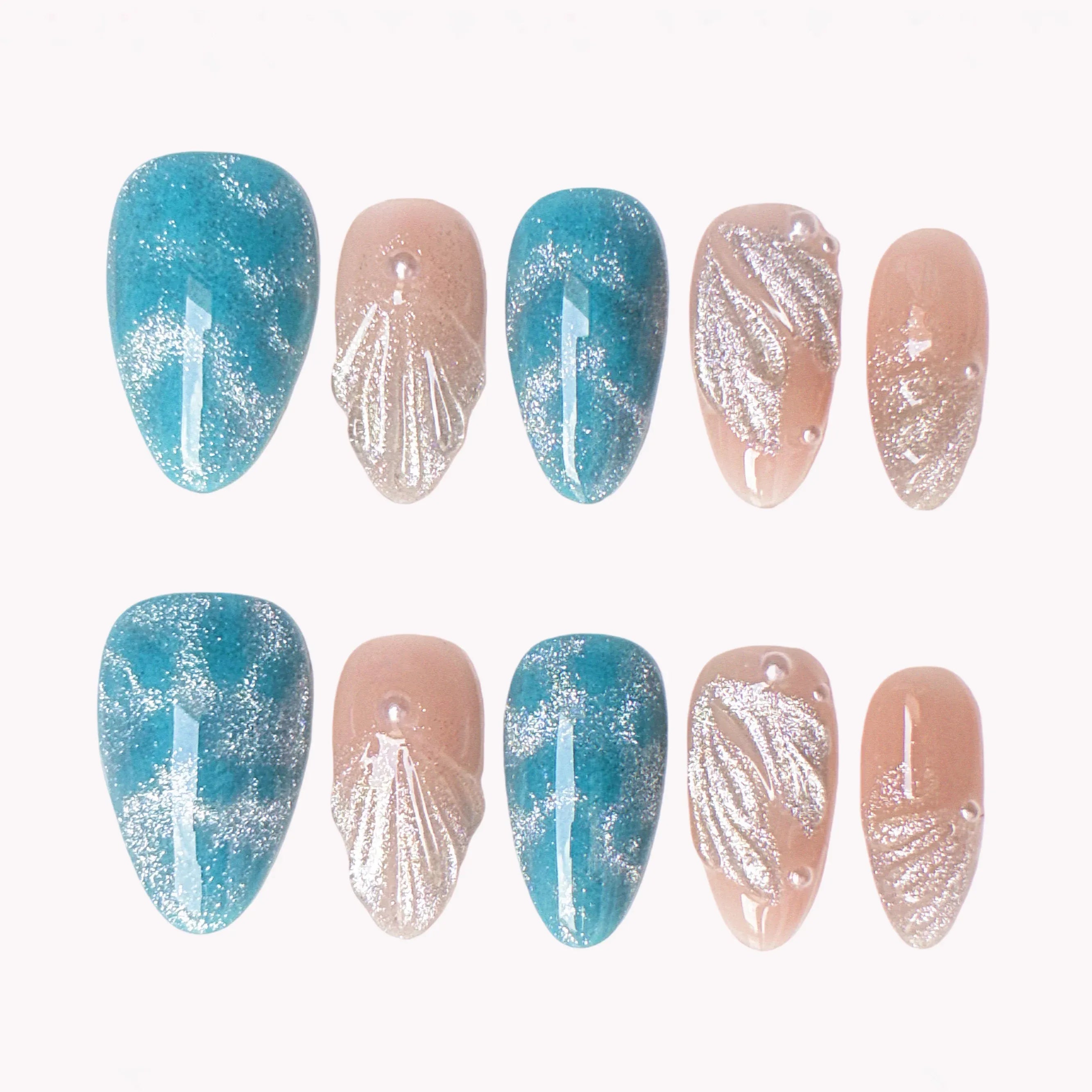 Ocean Angel Wing 3D Press-On Nails | Almond | Teal Blue Holographic | LuxepressCo