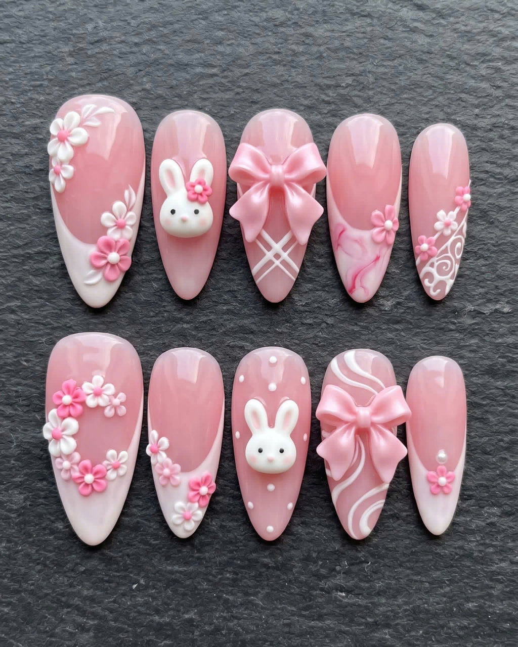 3D Bunny Bow Floral Coquette Pink Press-On Nails | Custom Press-On Nails | LuxepressCo