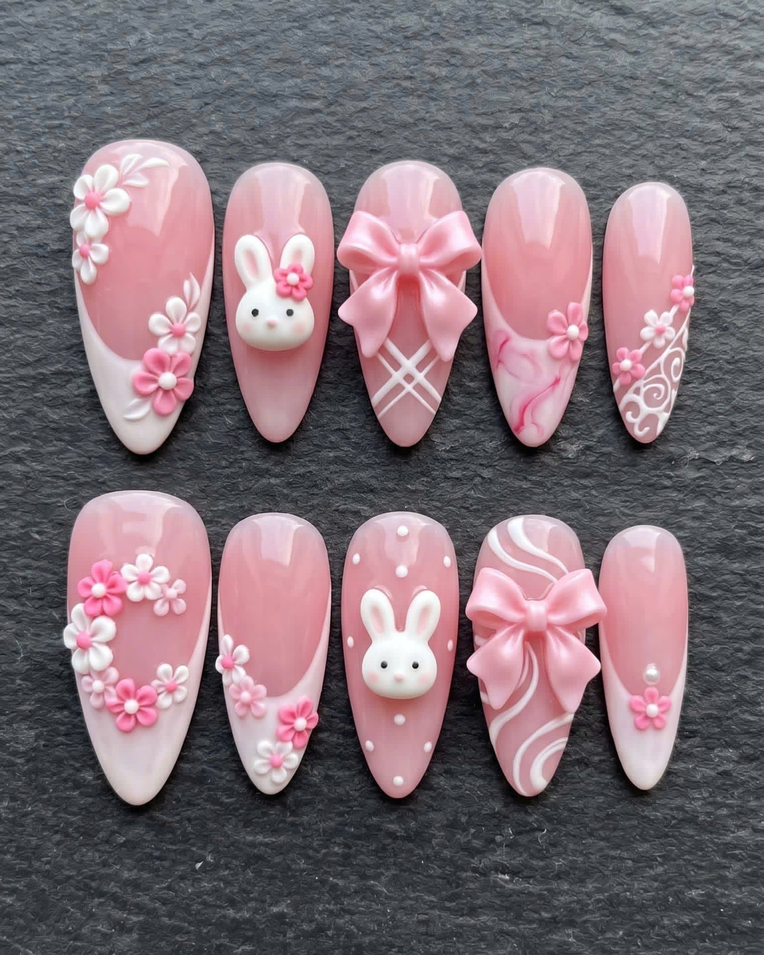 3D Bunny Bow Floral Coquette Pink Press-On Nails | Custom Press-On Nails | LuxepressCo