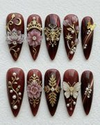 3D Royal Charm Press-On Nails Burgundy Aurora | Gold Crown Butterfly Filigree Pearl Rhinestone Stiletto | Custom Press-On Nails — LuxepressCo