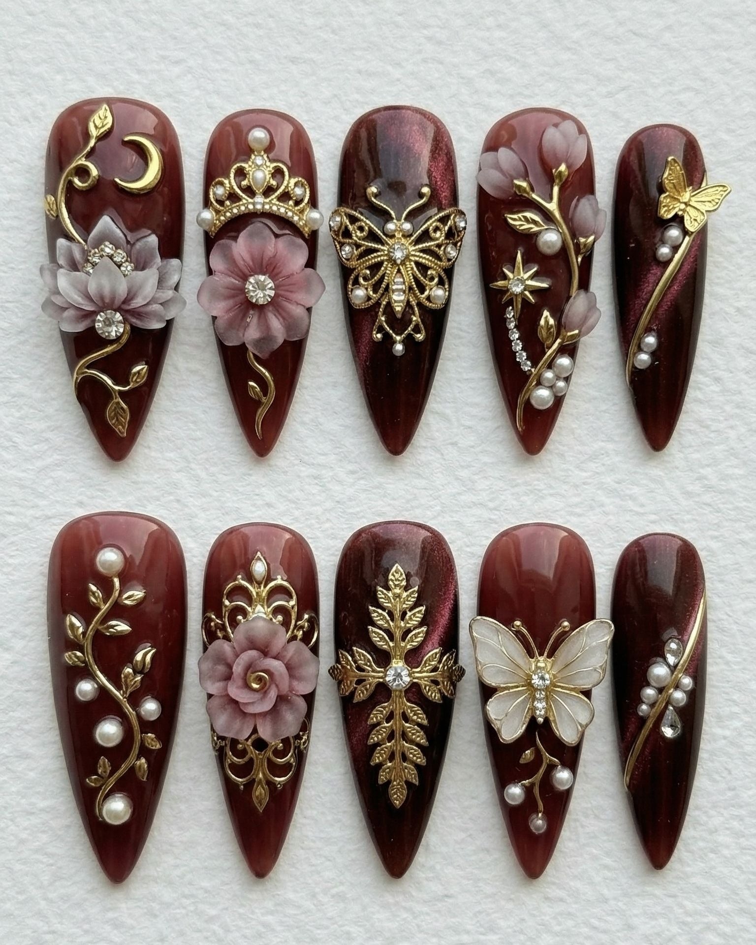 3D Royal Charm Press-On Nails Burgundy Aurora | Gold Crown Butterfly Filigree Pearl Rhinestone Stiletto | Custom Press-On Nails — LuxepressCo