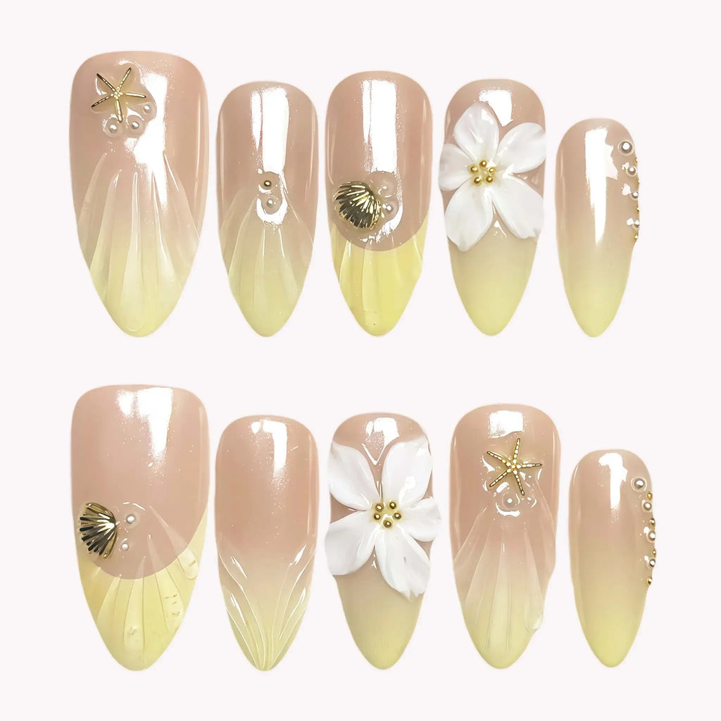 Sandy Shore Coastal Press-On Nails | Almond Stiletto | 3D Plumeria Shell Starfish | LuxepressCo
