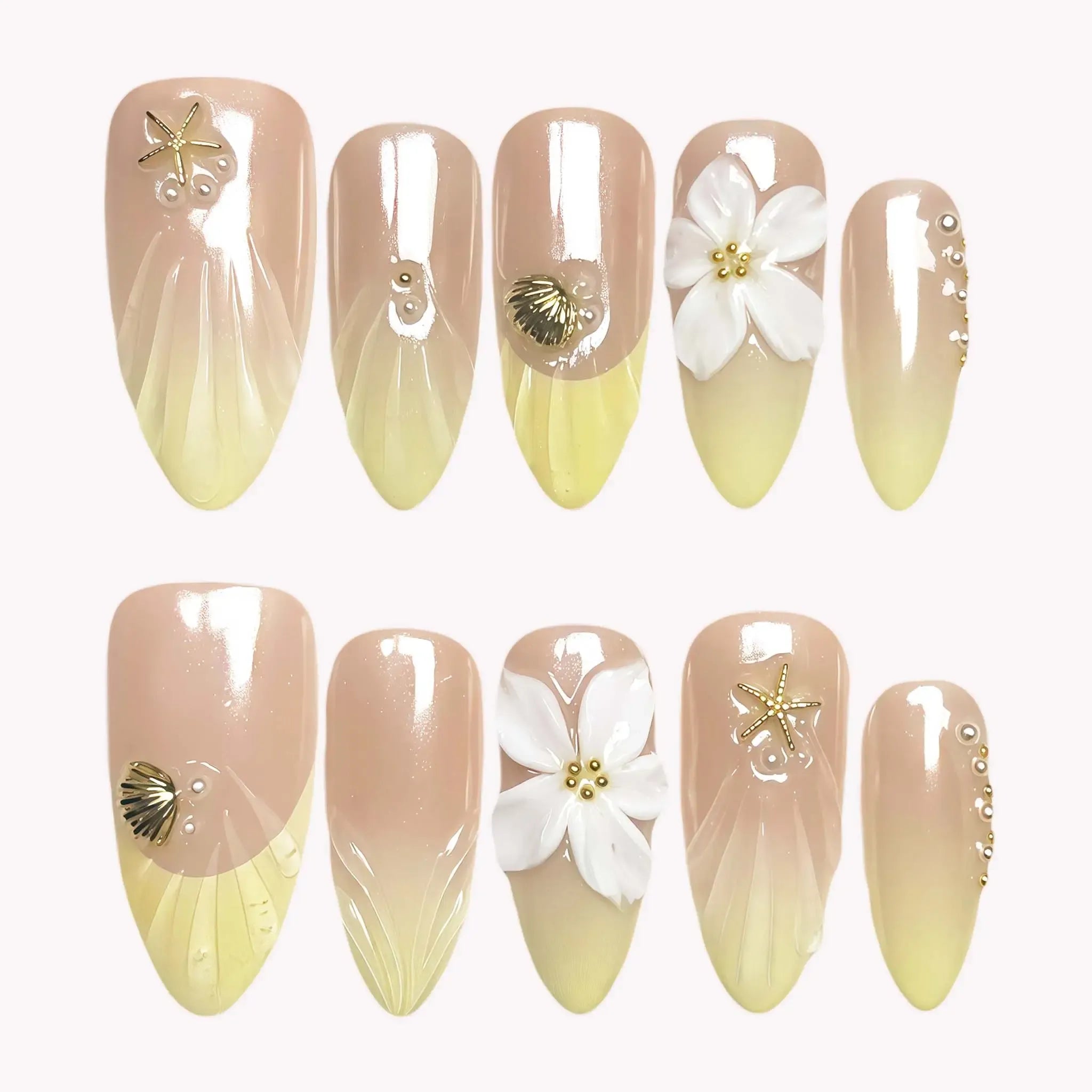 Sandy Shore Coastal Press-On Nails | Almond Stiletto | 3D Plumeria Shell Starfish | LuxepressCo