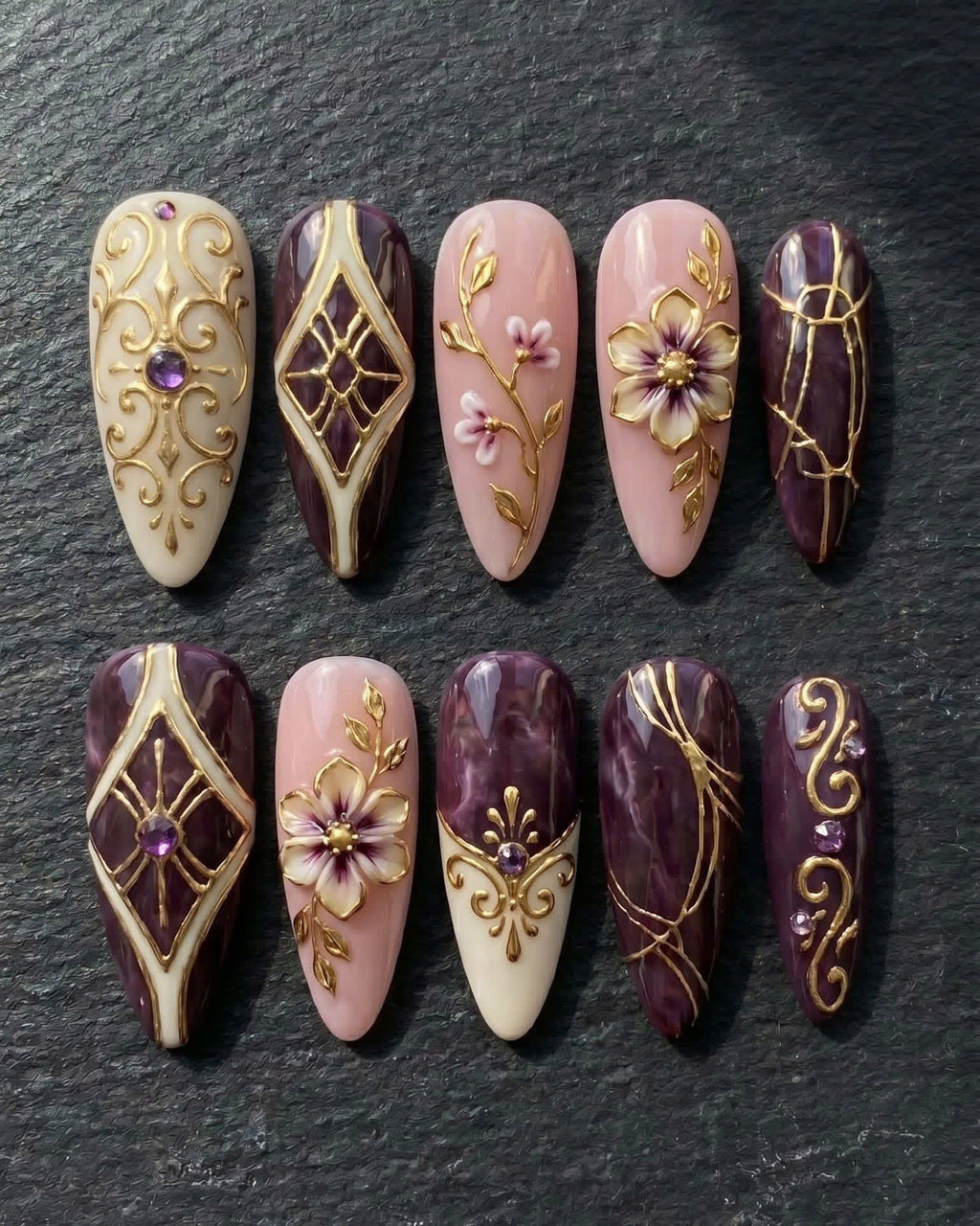 Plum Gold Baroque 3D Flower Amethyst Rhinestone Press-On Nails | Custom Press-On Nails | LuxepressCo
