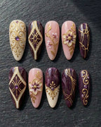 Plum Gold Baroque 3D Flower Amethyst Rhinestone Press-On Nails | Custom Press-On Nails | LuxepressCo
