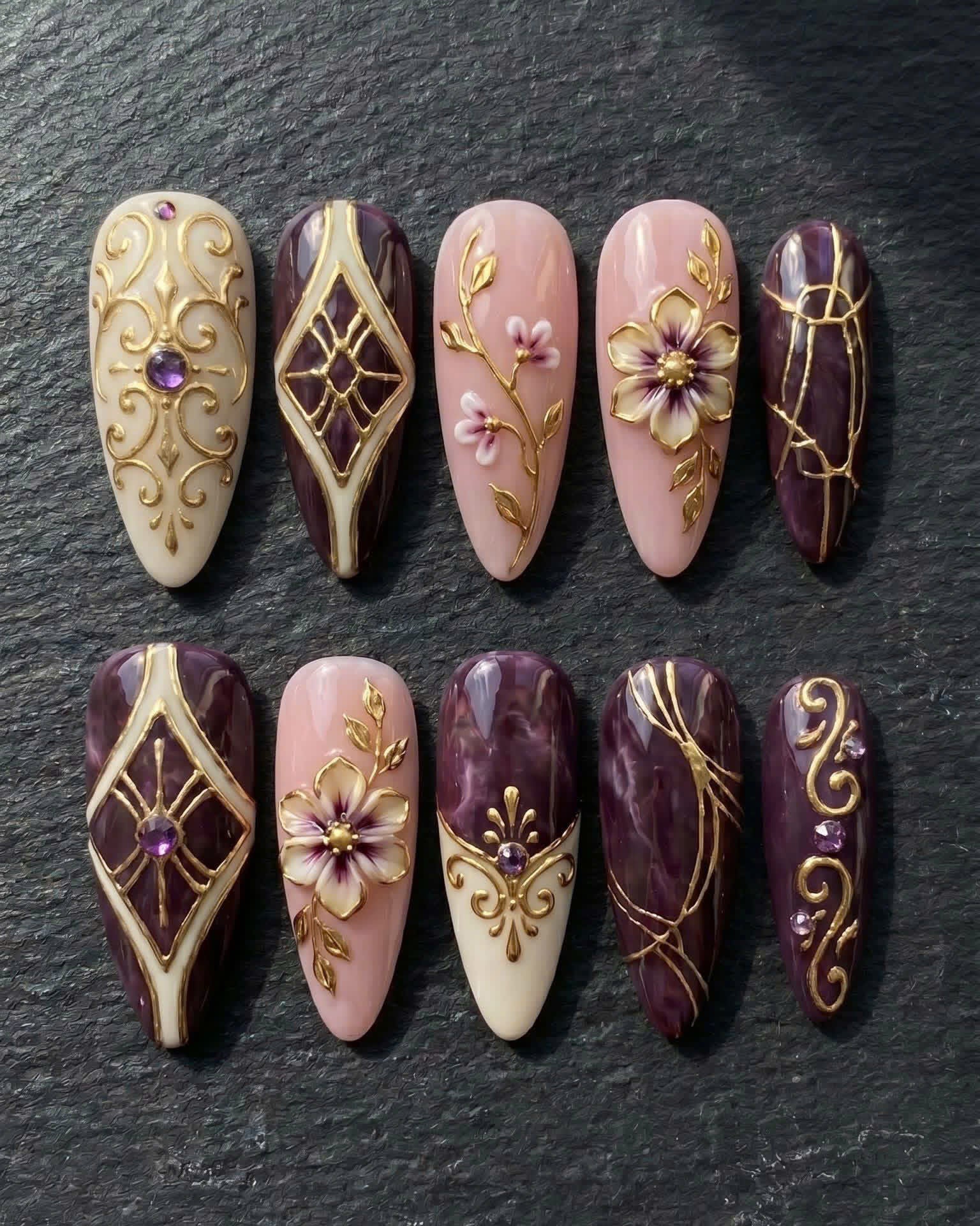 Plum Gold Baroque 3D Flower Amethyst Rhinestone Press-On Nails | Custom Press-On Nails | LuxepressCo