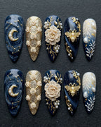 Celestial Baroque Press-On Nails | Navy Blue Gold 3D Floral Bee Pearl | Custom Press-On Nails