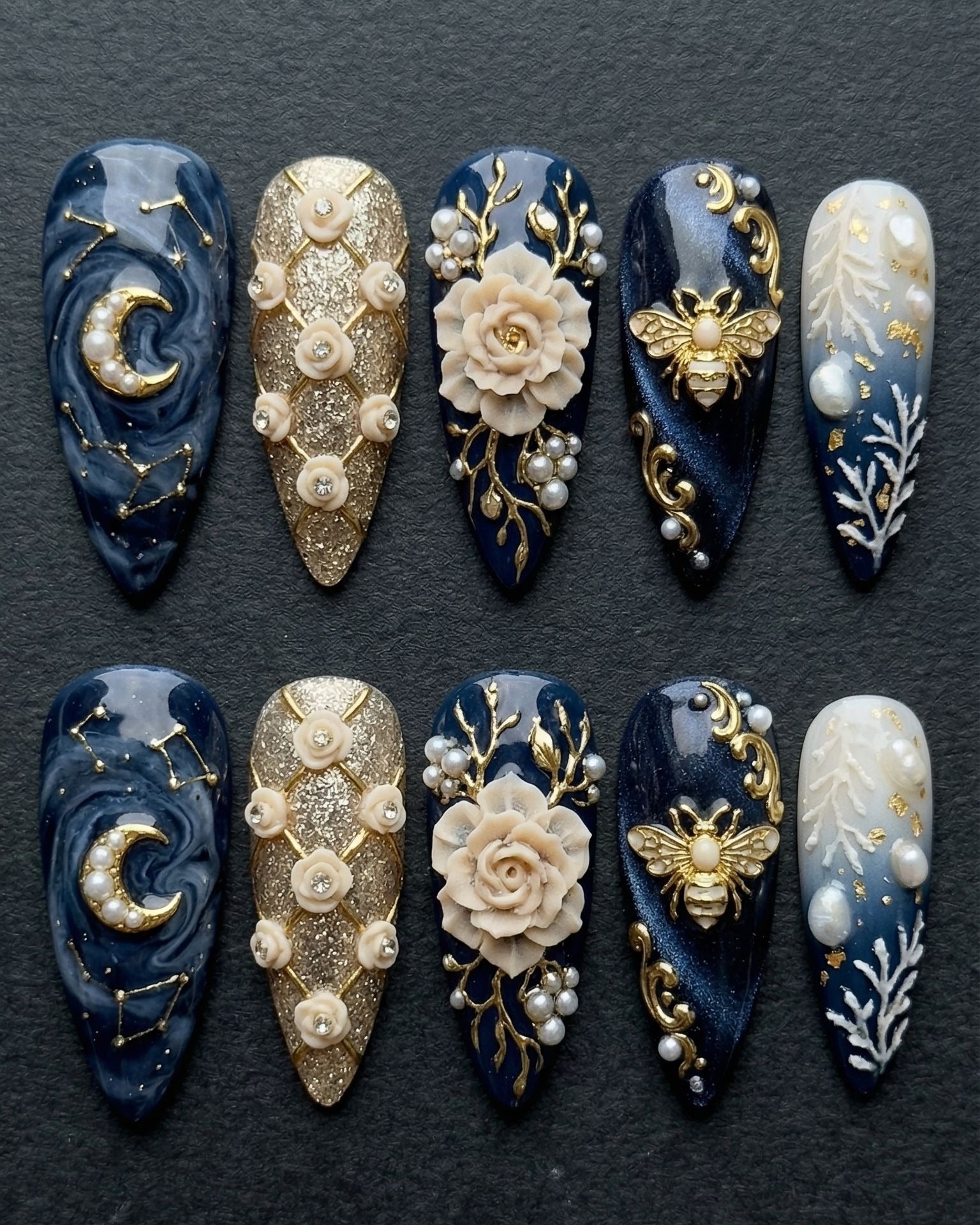 Celestial Baroque Press-On Nails | Navy Blue Gold 3D Floral Bee Pearl | Custom Press-On Nails