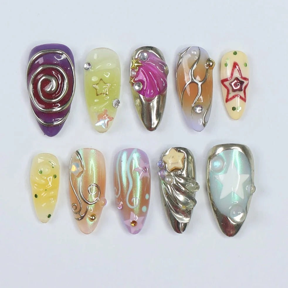 Chrome Aurora Galaxy Press-On Nails | Long Almond 3D Gold Wire Star Holographic Nail Art | Custom Press-On Nails