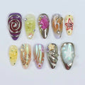 Chrome Aurora Galaxy Press-On Nails | Long Almond 3D Gold Wire Star Holographic Nail Art | Custom Press-On Nails