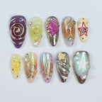 Chrome Aurora Galaxy Press-On Nails | Long Almond 3D Gold Wire Star Holographic Nail Art | Custom Press-On Nails
