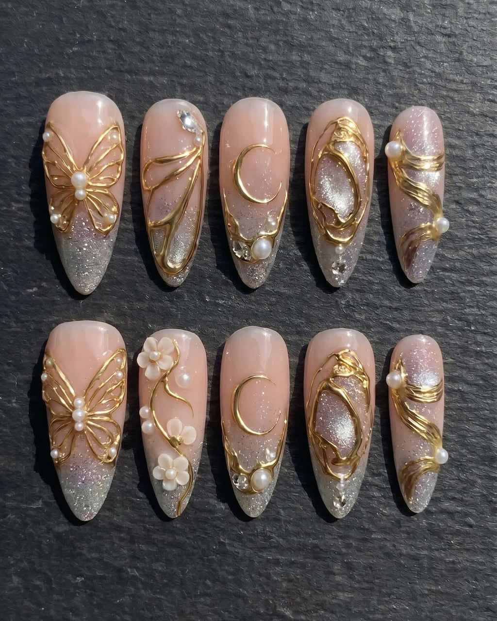 Gold Wire Butterfly Moon Aurora Glitter Pearl Press-On Nails | Custom Press-On Nails | LuxepressCo