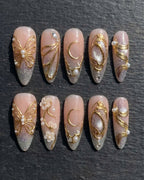 Gold Wire Butterfly Moon Aurora Glitter Pearl Press-On Nails | Custom Press-On Nails | LuxepressCo