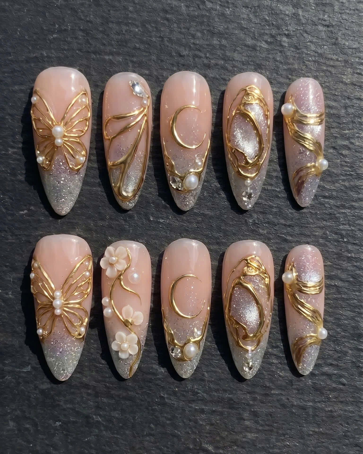 Gold Wire Butterfly Moon Aurora Glitter Pearl Press-On Nails | Custom Press-On Nails | LuxepressCo