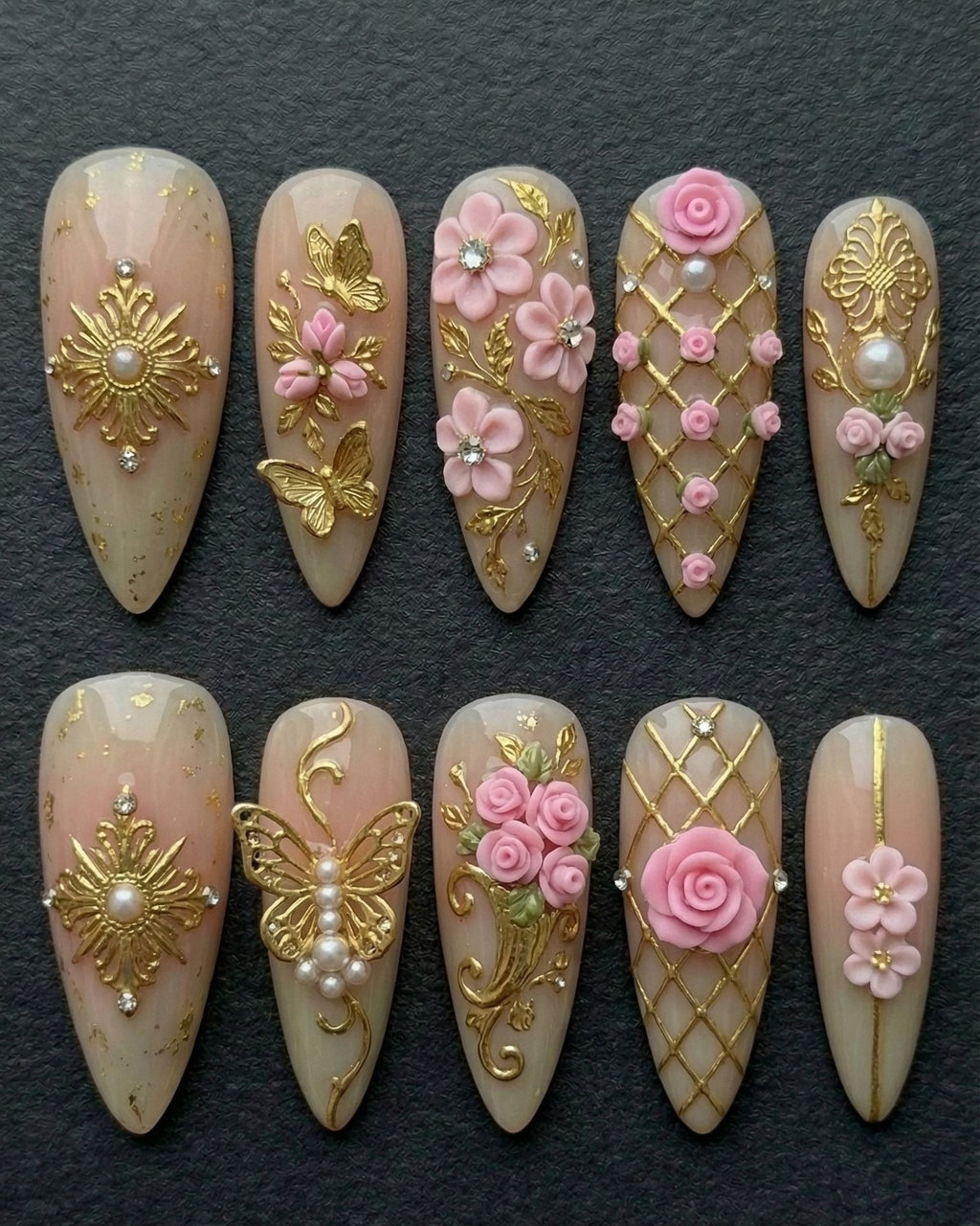 Rose Garden Baroque Press-On Nails | Nude Pink Gold 3D Floral Butterfly Pearl | Custom Press-On Nails