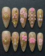 Rose Garden Baroque Press-On Nails | Nude Pink Gold 3D Floral Butterfly Pearl | Custom Press-On Nails