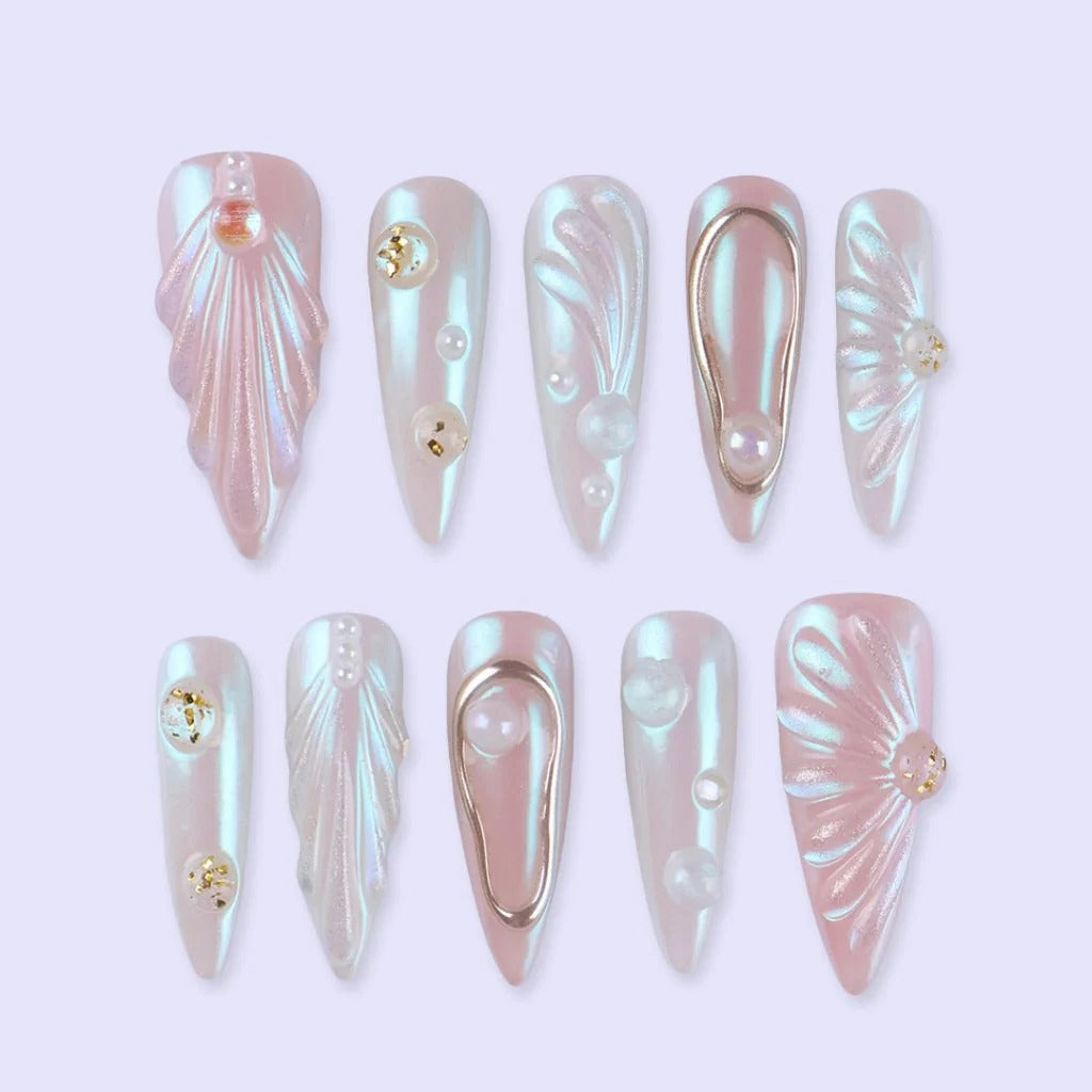 Pearl Aurora Angel Wing Press-On Nails | Long Stiletto 3D Sculpted Rose Gold Frame Bridal Nail Art | Custom Press-On Nails