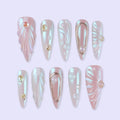 Pearl Aurora Angel Wing Press-On Nails | Long Stiletto 3D Sculpted Rose Gold Frame Bridal Nail Art | Custom Press-On Nails