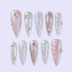 Pearl Aurora Angel Wing Press-On Nails | Long Stiletto 3D Sculpted Rose Gold Frame Bridal Nail Art | Custom Press-On Nails