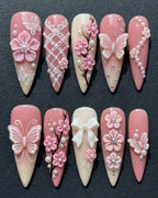 3D Pink Flower Butterfly Lace Bow Cherry Blossom Pearl Press-On Nails | Custom Press-On Nails | LuxepressCo