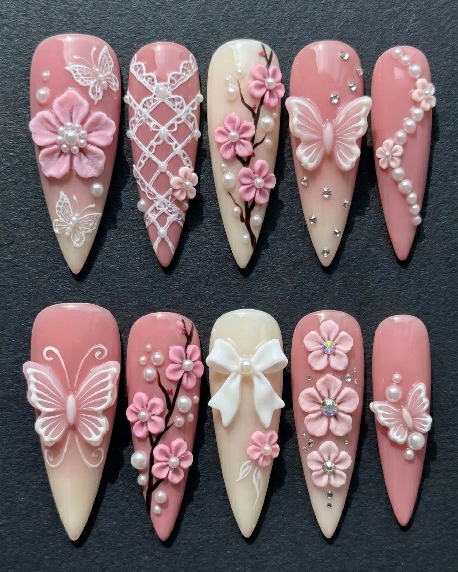 3D Pink Flower Butterfly Lace Bow Cherry Blossom Pearl Press-On Nails | Custom Press-On Nails | LuxepressCo