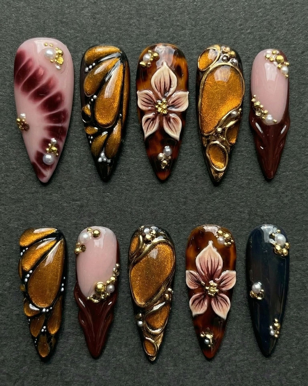 Tortoiseshell Amber Press-On Nails | Dark Brown Gold 3D Floral Resin Pearl | Custom Press-On Nails