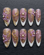Mauve 3D Flower Gold Baroque Filigree French Tip Pearl Press-On Nails | Custom Press-On Nails | LuxepressCo