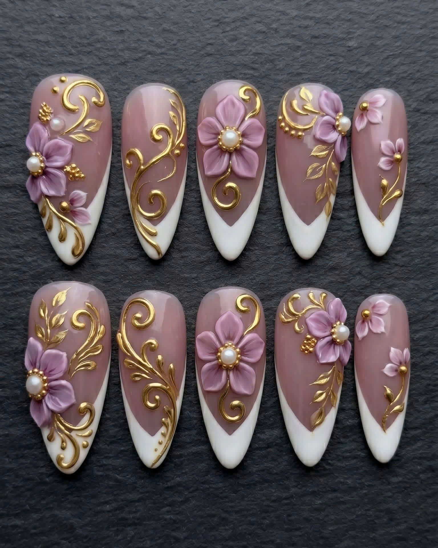 Mauve 3D Flower Gold Baroque Filigree French Tip Pearl Press-On Nails | Custom Press-On Nails | LuxepressCo