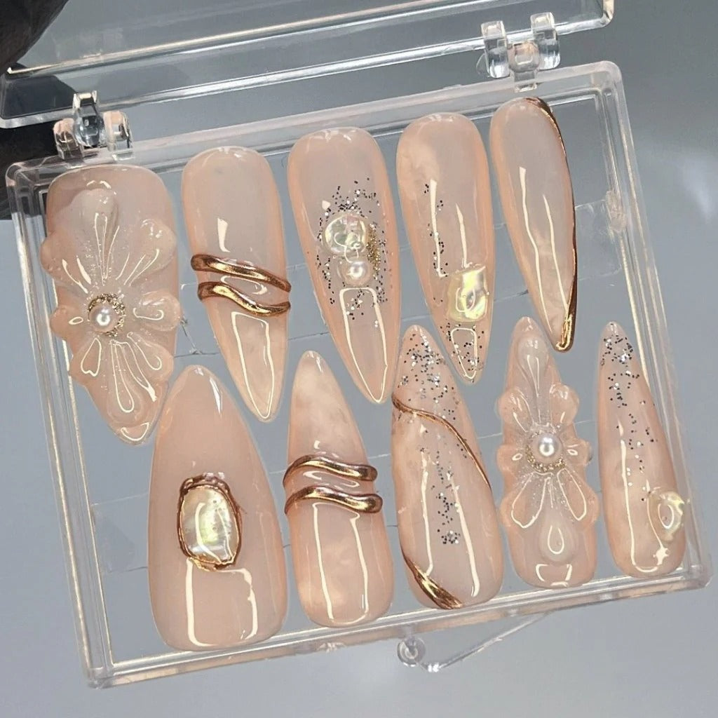 Nude Gold Camellia Shell Quiet Luxury Press-On Nails | Extra Long Coffin 3D Flower Rose Gold Wire Art | Custom Press-On Nails